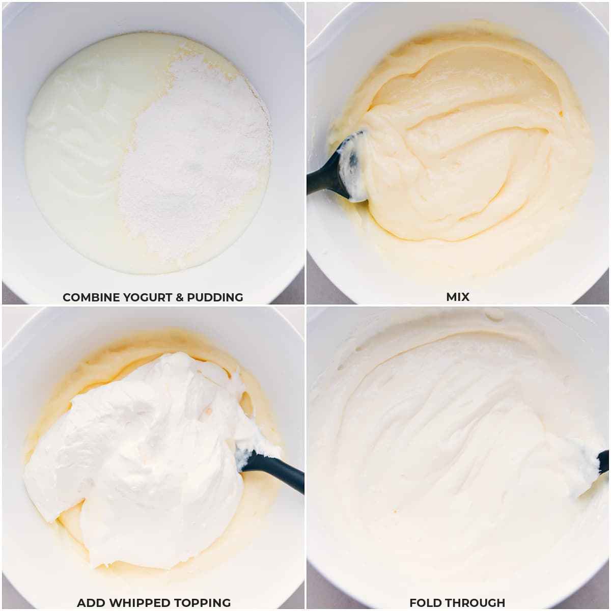 How To Make Cheesecake Fruit Salad The yogurt and pudding being mixed together and then the cool whip being folded in for this cheesecake fruit salad.