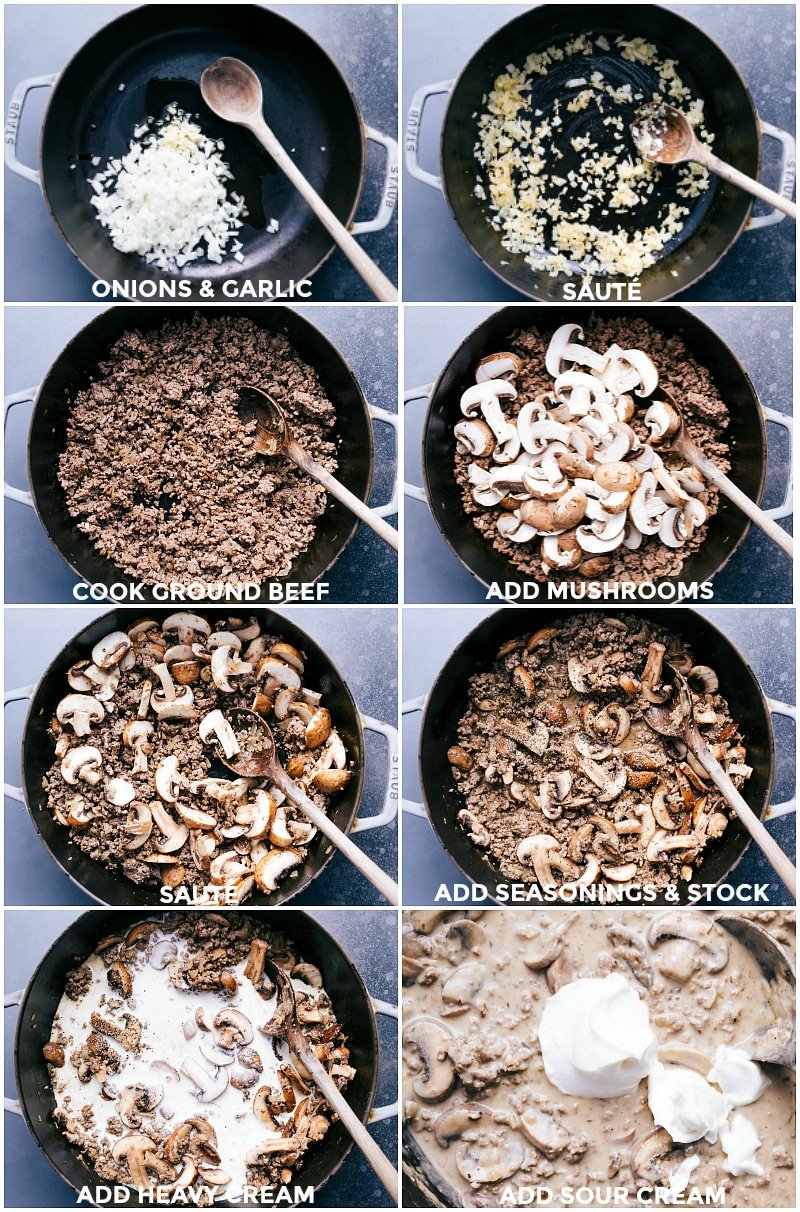 Step-by-Step Making of Ground Beef Stroganoff Recipe Making the ground beef stroganoff recipe: browning onions and garlic, cooking beef, adding mushrooms, seasonings, stock, cream, and stirring in sour cream.