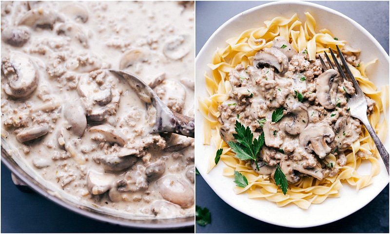From Pan to Plate: Beef Stroganoff with Ground Beef over Egg Noodles Beef stroganoff with ground beef in a cooking pan and then served over egg noodles, garnished with fresh parsley.