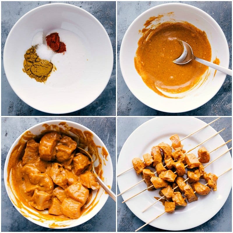 Coconut milk and curry-marinated chicken is grilled on skewers and dipped in a simple and sweet peanut sauce. Peanut Sauce Chicken uses pantry staples, yet is flavorful and easy to make. The sauce being stirred, then mixed with chicken cubes and finally served with the cooked chicken skewers.