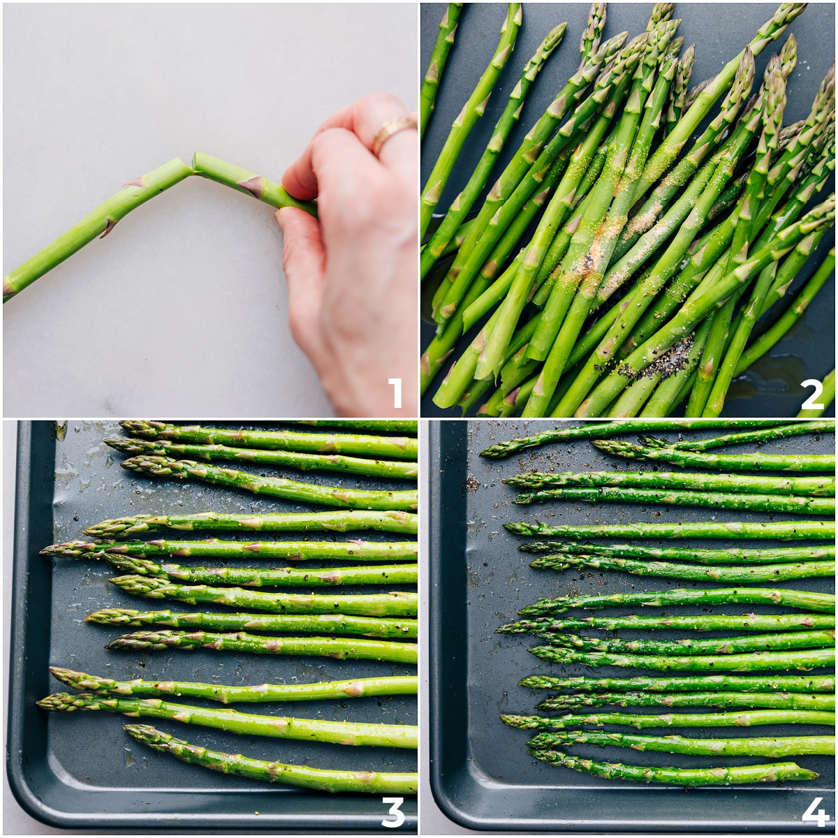 The roasted asparagus recipe being prepped and placed on the sheet pan along with seasonings to be roasted.