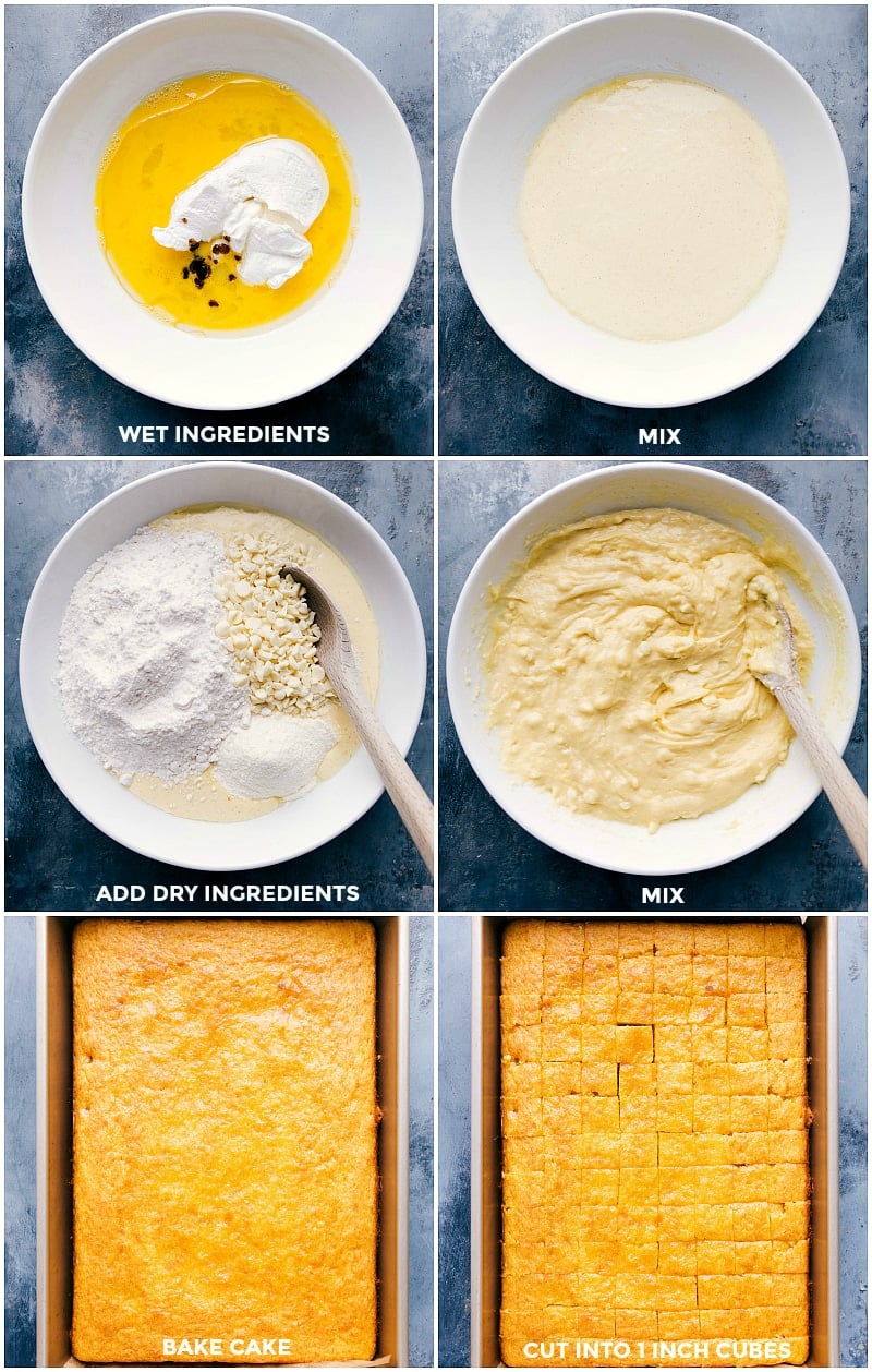Step-by-Step Process of Baking and Preparing Cake Cubes Bowl with wet ingredients, addition of dry ingredients, mixed batter, baked cake in pan, and cake segmented into cubes.