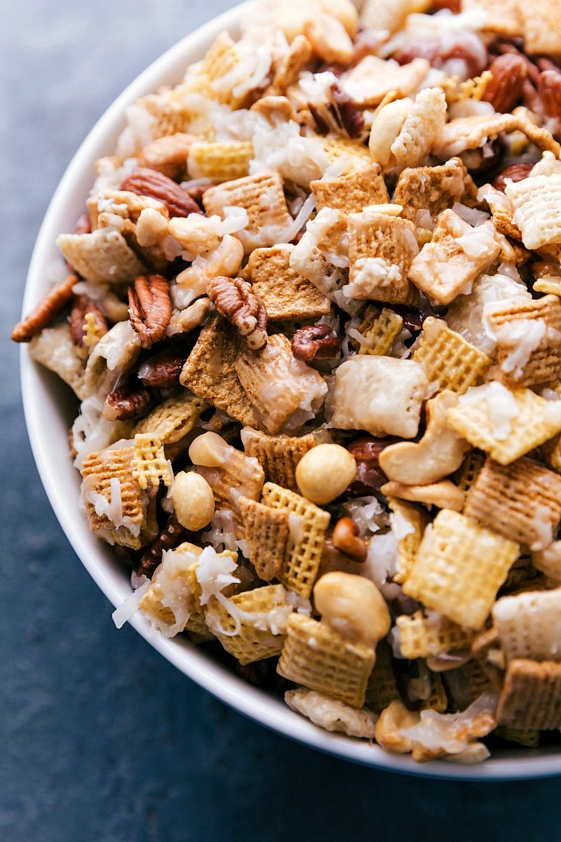 Sweet Chex Mix with Ingredients Coated in Sugar Sauce Completed sweet chex mix recipe displaying all ingredients thoroughly coated in delicious sugar sauce.
