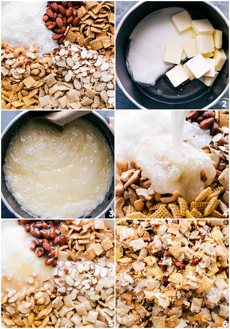 Preparing Sweet Chex Mix: Combining Ingredients, Making Sugar Sauce, Pouring and Mixing Ingredients in a bowl, making sugar sauce in pan, pouring it over the ingredients, and mixing everything together.