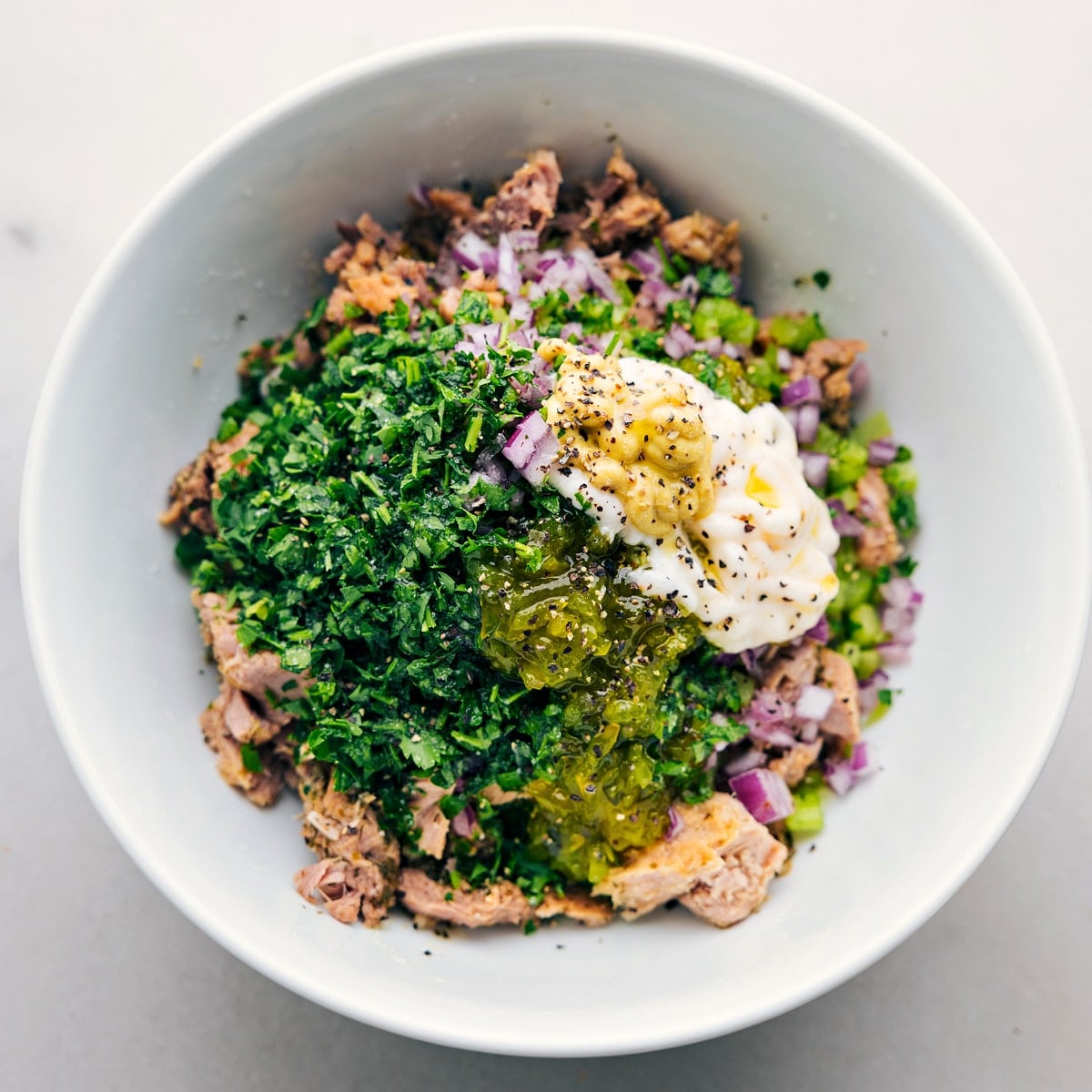 The Best Tuna Salad The absolute best tuna salad served in a bowl after it has been made.