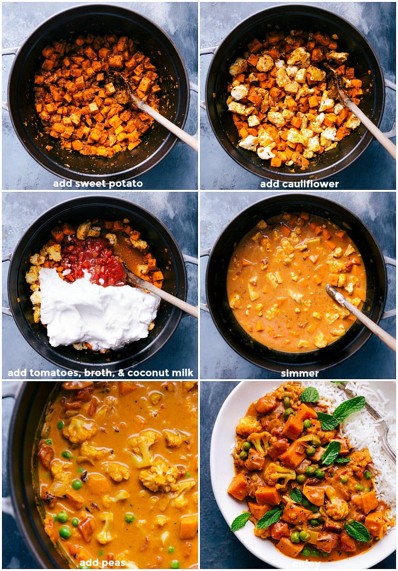 From Ingredients to Elegance: The Journey of Homemade Vegetable Curry Crafting vegetable curry: adding vegetables, broth, and coconut milk, simmering to perfection, and serving on a bed of rice.