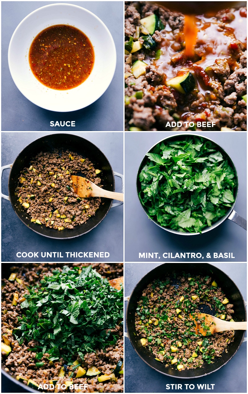 Making Herb-Infused Beef with Sauce: A Step-by-Step Guide Culinary sequence showing sauce preparation, mixing with meat, thickening, adding chopped herbs, and final cooking stage.