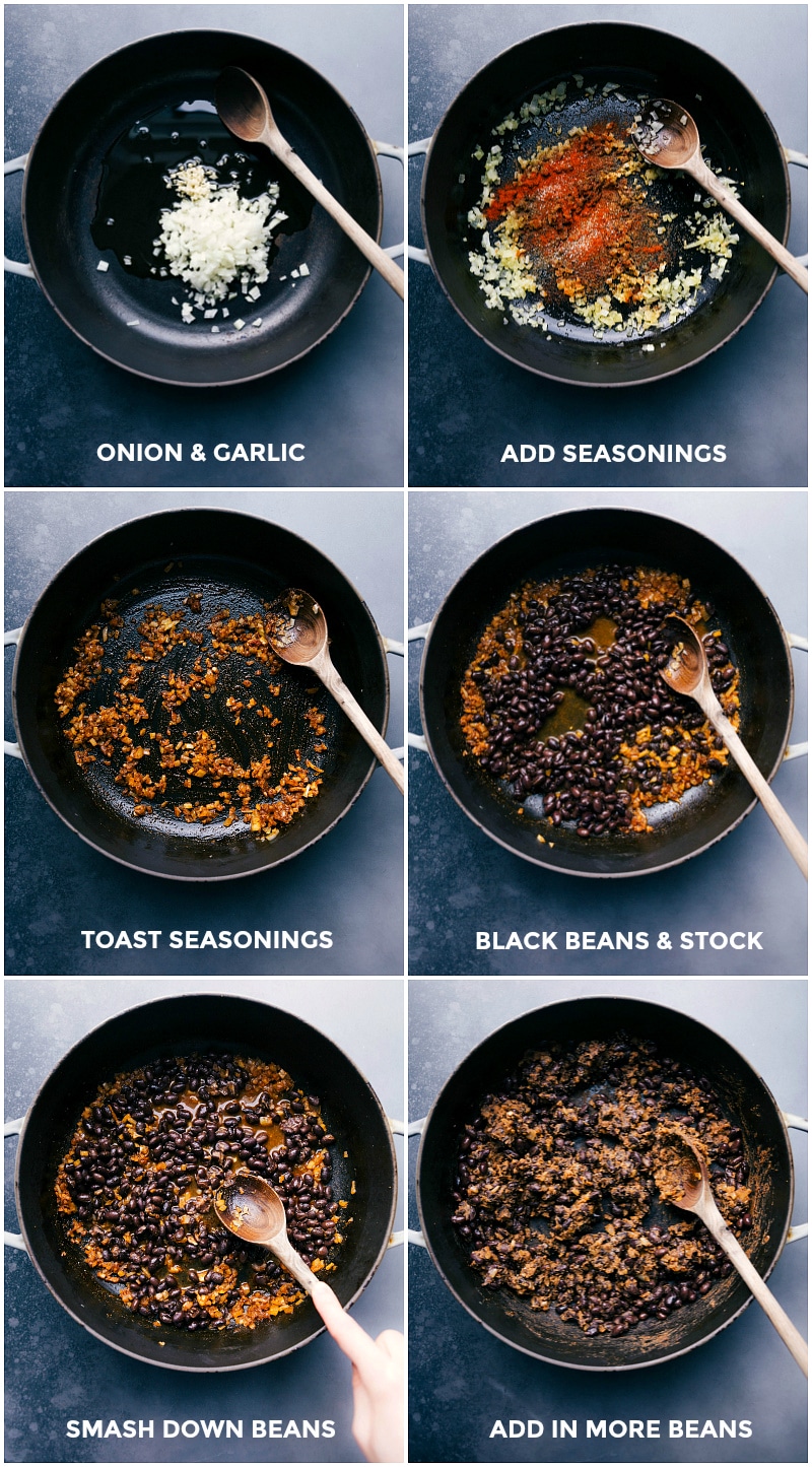 Sauteed Onion and Garlic with Seasonings, Black Beans and Stock Blended, Followed by Bean Smashing for Taco Filling. Onion and garlic sautéing, seasonings added, black beans and stock mixed, with beans being smashed for prep.
