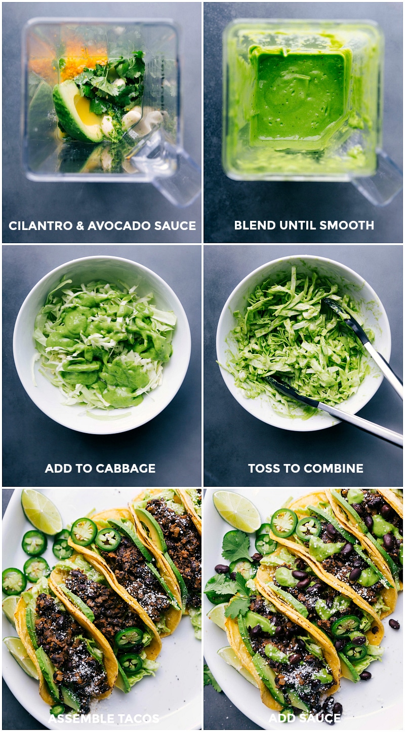 Cilantro and Avocado Sauce Preparation, Combined with Cabbage, and Taco Assembly Sequence. Blending cilantro and avocado for sauce, mixed into cabbage, and adding to the rest of the meal.