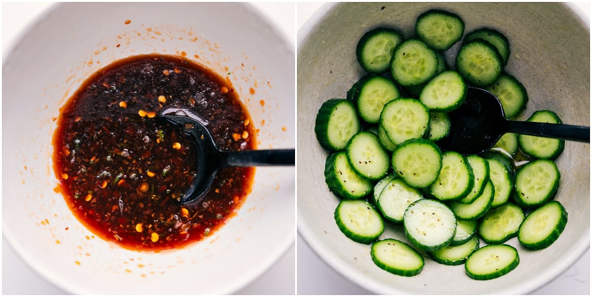 Sauce And Cucumber Salad Being Made For Chicken Larb Recipe Chili garlic sauce being whisked together and cucumbers sliced and seasoned for this Chicken Larb recipe.