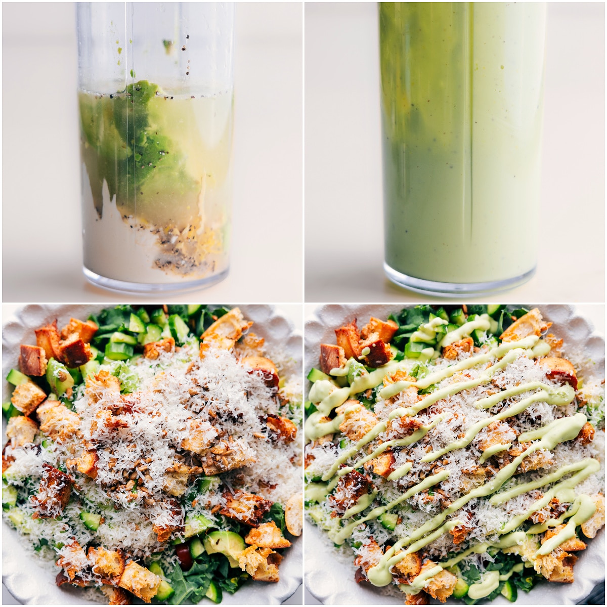 How To Make The Most Delicious Kale And Avocado Salad All the dressing ingredients being blended together and then it all drizzled over the assembled salad.