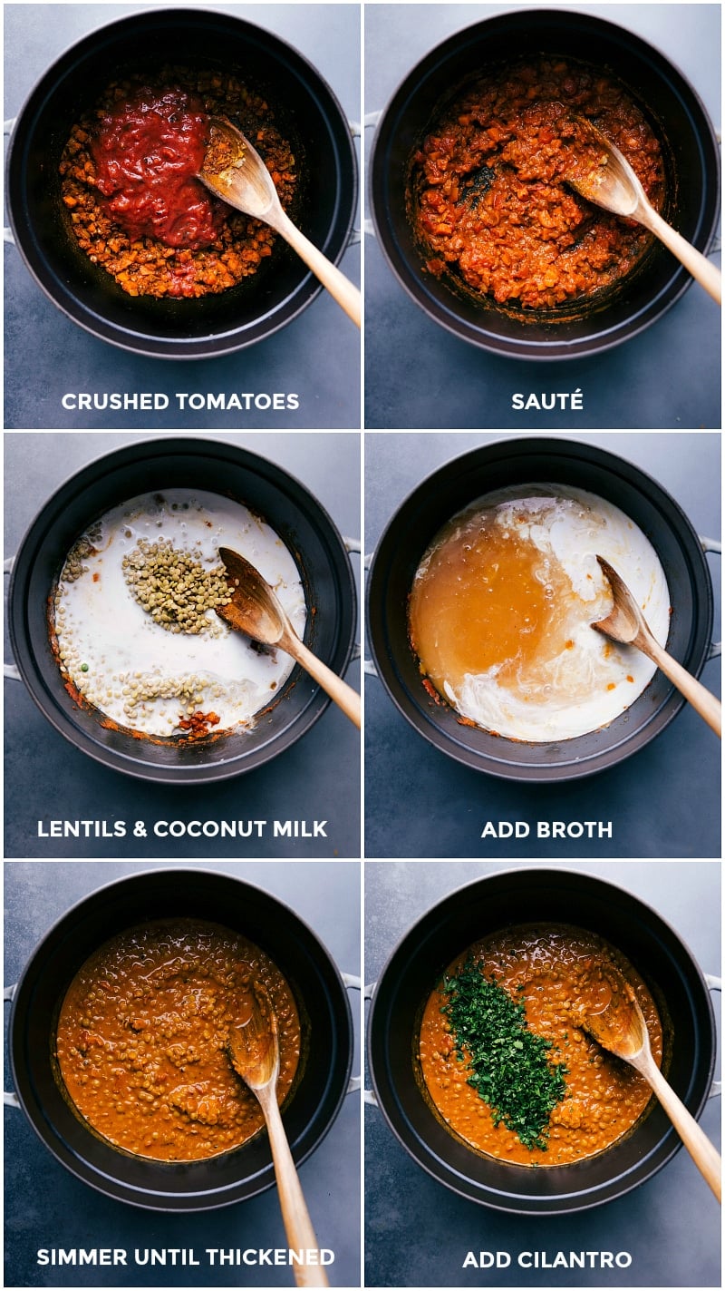 Simmering Key Ingredients to Perfect Consistency for Lentil Curry Tomatoes, lentils, coconut milk, and broth combined in a pot, simmering together until the mixture thickens.