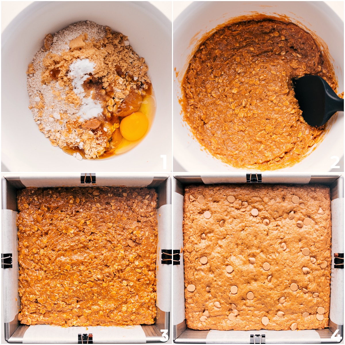 How To Make This Oatmeal Bars Recipe This oatmeal bar recipe ingredients mixed in a bowl and spread into a baking pan.