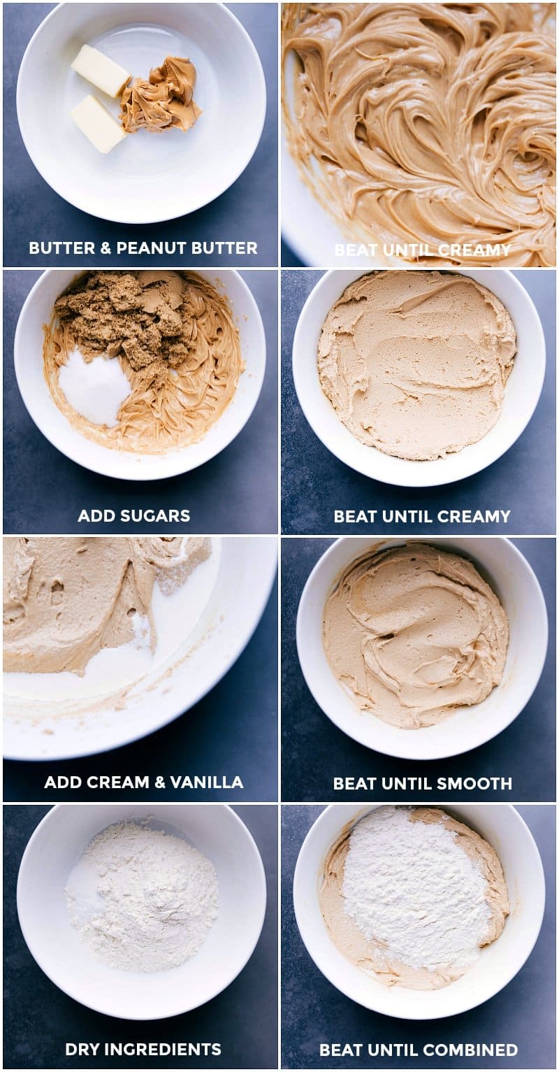 Step-by-Step Preparation of Peanut Butter Cookie Dough Butter and peanut butter being creamed, sugars added, followed by dry ingredients combined for a peanut butter cookie dough recipe.
