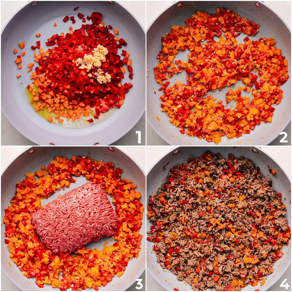 Sloppy Joes Mix Bubbling in Skillet, Ready to Serve The veggies sautéing, then the beef browning and getting added in for this sloppy joes recipe.