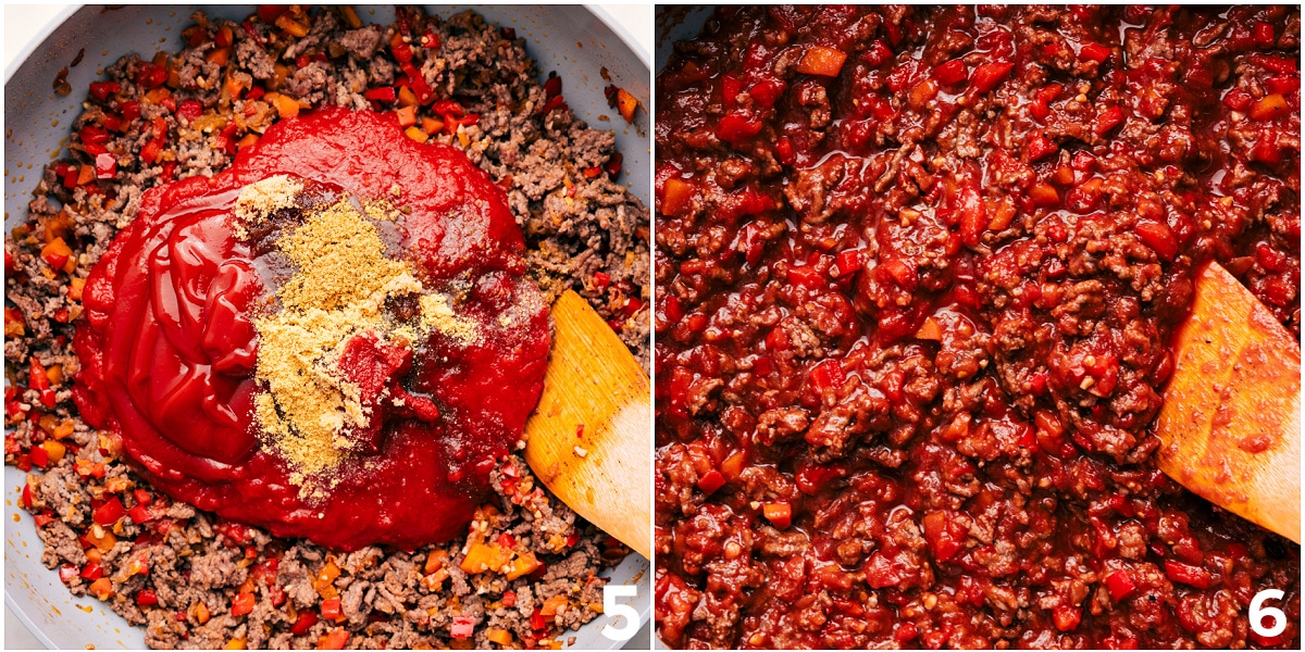 How To Make Sloppy Joes Recipe All the sauce ingredients going into the beef, then everything cooking together.