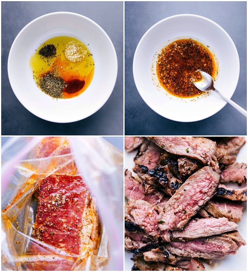 Steak Gyro Preparation: Marinade Ingredients, Meat Marinating, and Grilling Process Marinade ingredients laid out, meat soaking in the marinade, followed by it being grilled to perfection.