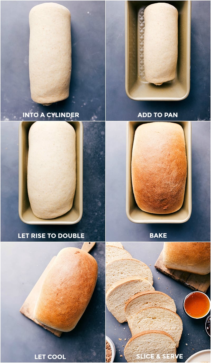Baking Honey Whole Wheat Bread: Rolling, Rising, Baking, and Slicing Steps Dough rolled into a cylinder, placed in a prepared pan, left to rise, then baked and sliced.