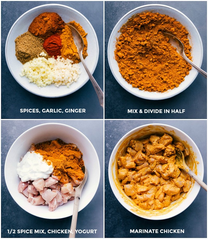 Progression of Marinate Preparation: Measured Spices, Spice Blend, Yogurt Blend, and the Ready-to-Use Marinate. Spices being measured, mixed, and combined with yogurt and chicken to marinate.