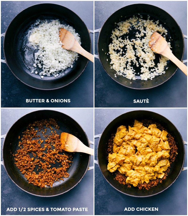 Cooking Stages of Butter Chicken: Sautรฉing Onions in Butter, Spicing, and Adding Marinated Chicken to Pan. Onions added to a skillet, then sautรฉed with spices and tomato paste before including marinated meat.