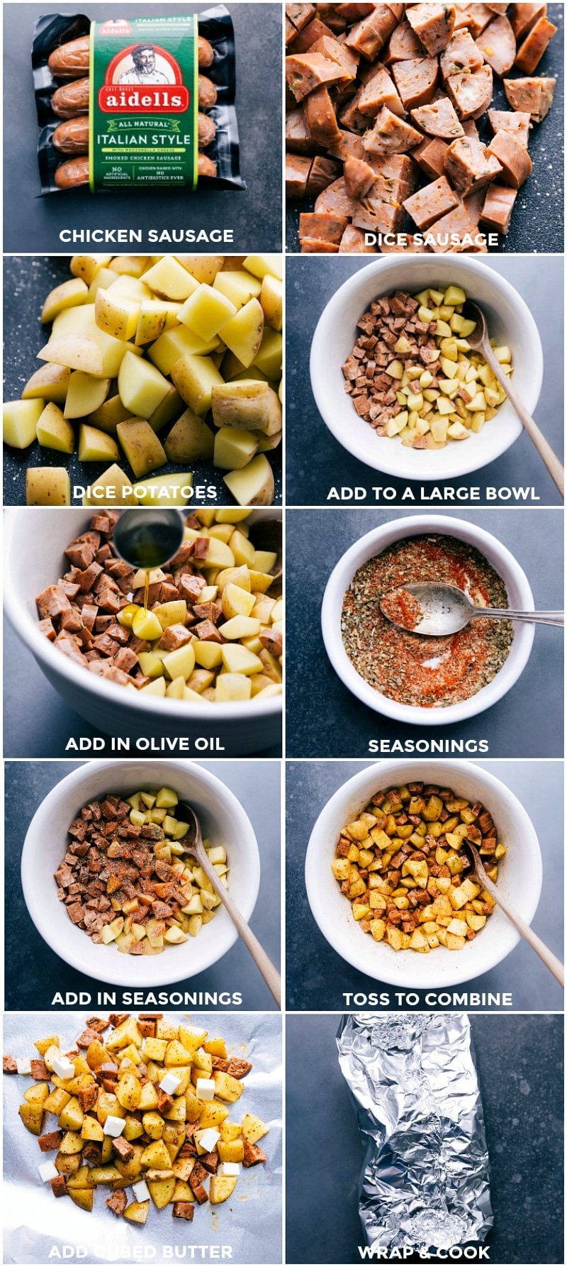 Sausage & Potato Mix: Seasoned and Ready for Foil Packing Diced sausages and potatoes with seasonings, mixed together for foil pack preparation.