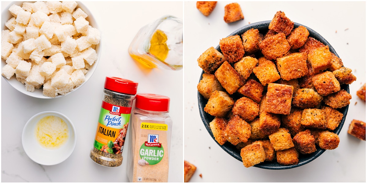 Homemade Croutons For Caesar Salad Recipe The crouton ingredients prepped, with croutons in a bowl after being perfectly cooked.