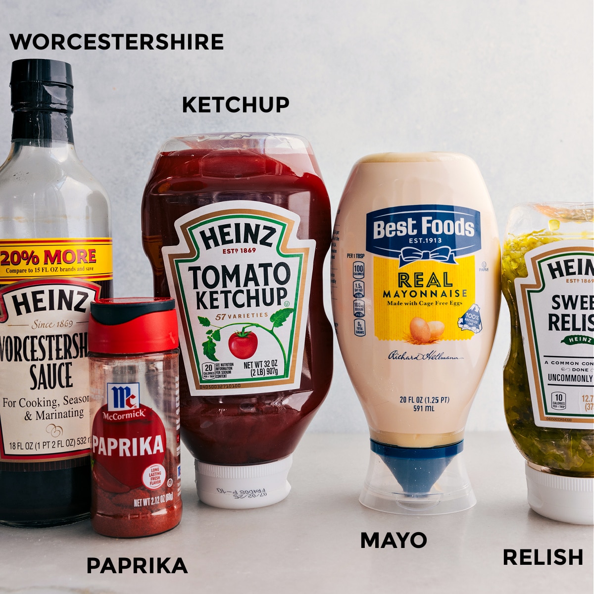 Ingredients In Fry Sauce All the ingredients in this recipe including ketchup, mayo, relish, paprika, and Worcestershire sauce prepped out for easy assembly.
