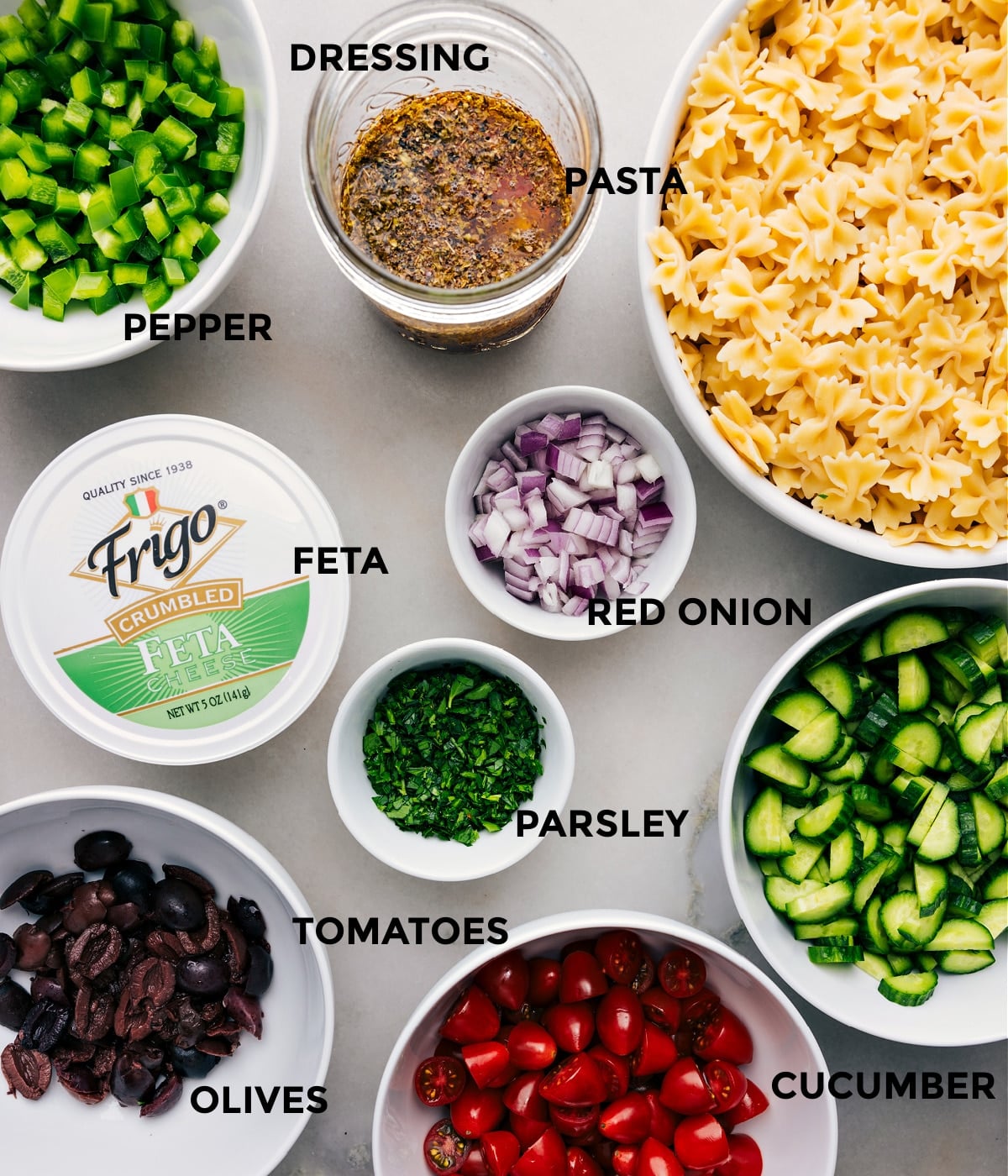 Ingredients In Greek Pasta Salad All the ingredients used in this dish prepped out for easy assembly.