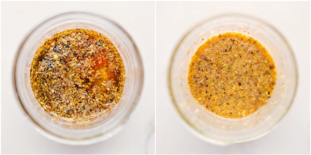 Dressing For Greek Pasta Salad The salad dressing for this Greek Pasta Salad being made in a mason jar.