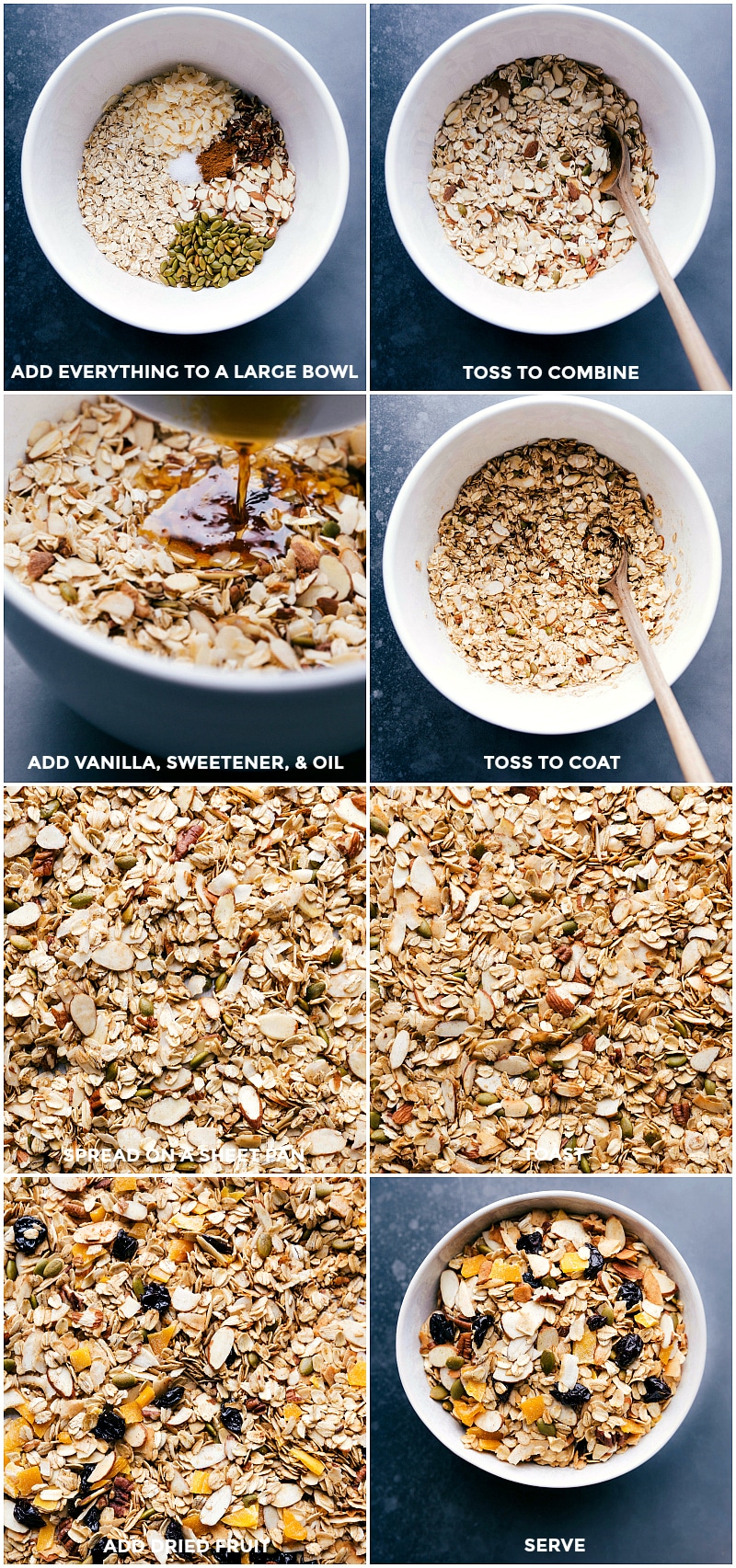 Creating Muesli from Scratch: Ingredients Mixing, Baking, and Fruit Topping Process Preparation of homemade muesli recipe, with ingredients mixed in a large bowl, spread on a baking sheet for baking, and served with added fruit.