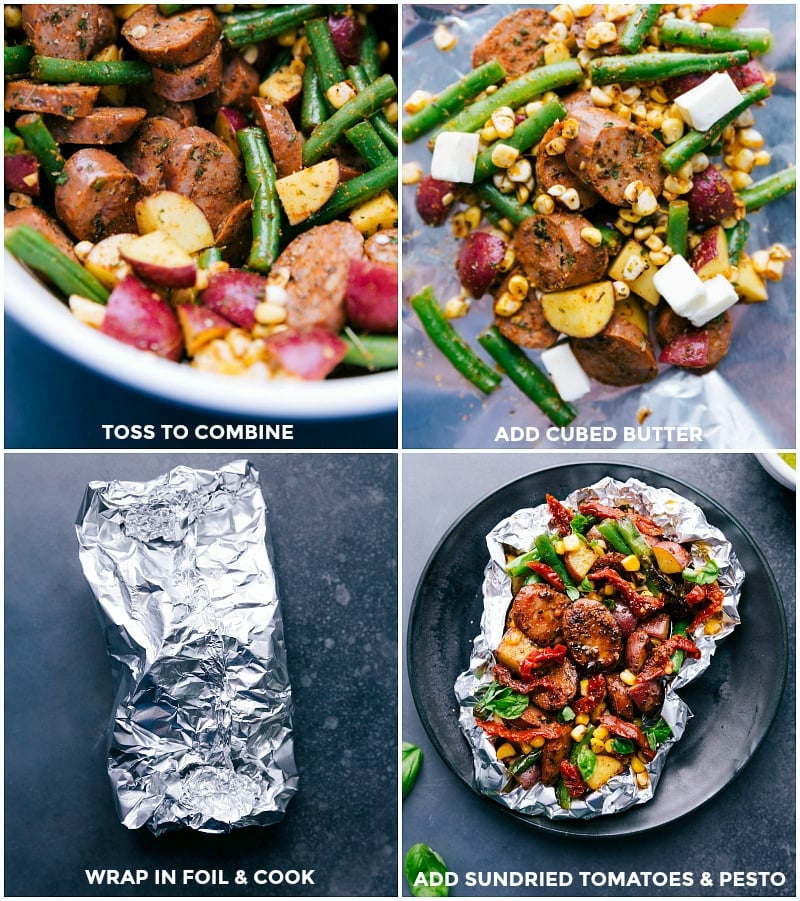 Assembling Pesto Sausage Foil Pack: Tossed Ingredients, Butter Addition, Foil Wrapping, and Cooking Process Ingredients for easy foil pack mean in a bowl, with butter added, then wrapped in foil, and cooked.