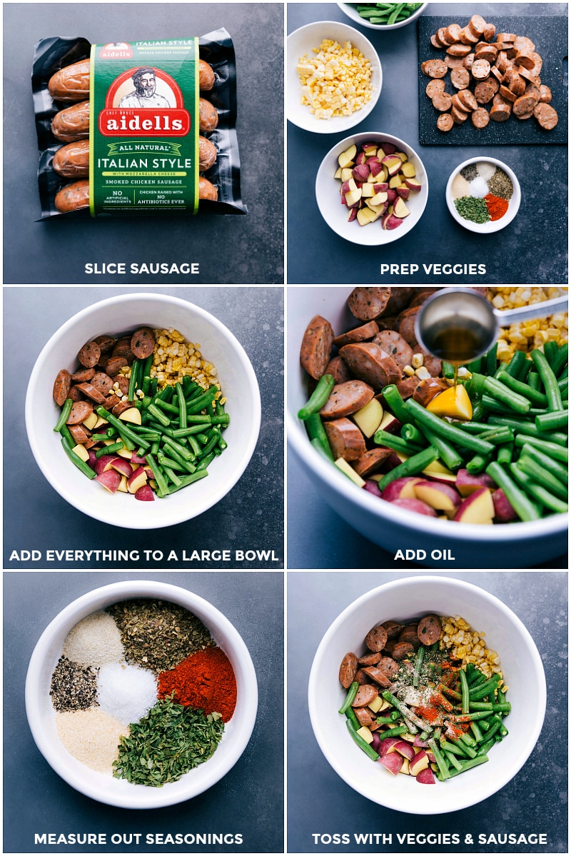 Prepping Pesto Sausage Foil Pack: Slicing Sausage, Ready Veggies, Seasoning Mix Sliced meat, prepped veggies, and seasonings combined and tossed together.