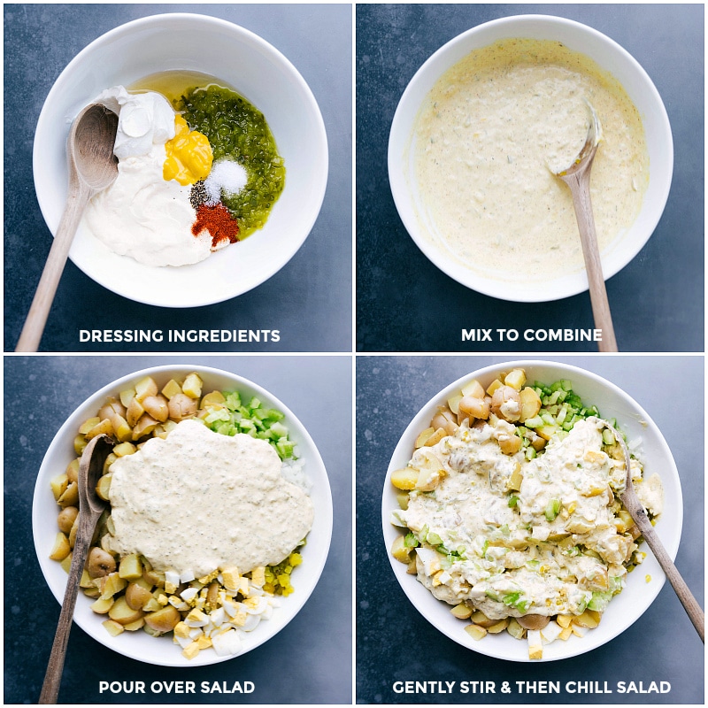 Potato Salad Dressing Creation: Mixing Ingredients, Pouring, and Stirring for Flavorful Blend Preparing dressing with ingredients in a bowl, being mixed, poured, and gently stirred together.