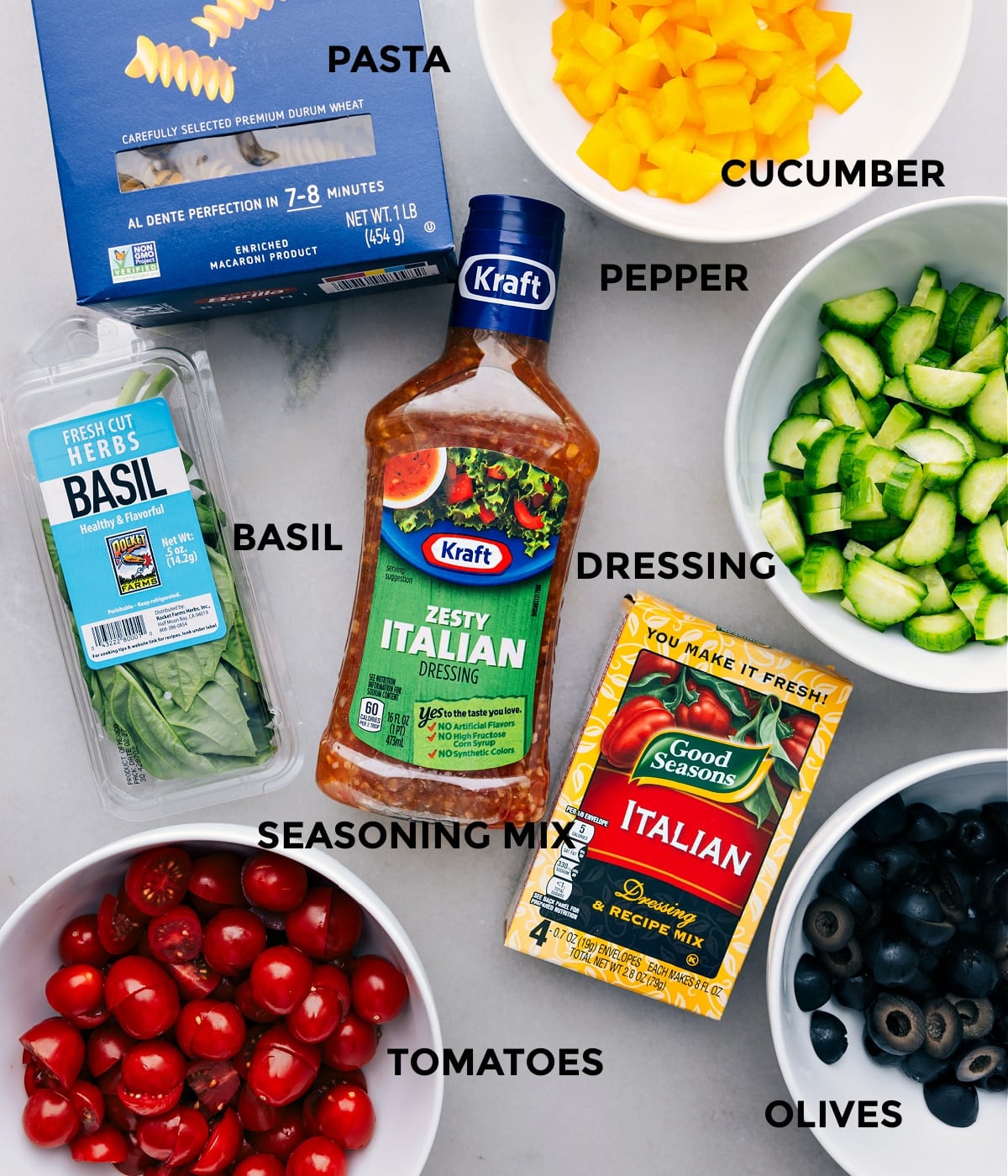 The Best Pasta Salad All the ingredients in this recipe prepped out for easy assembly.