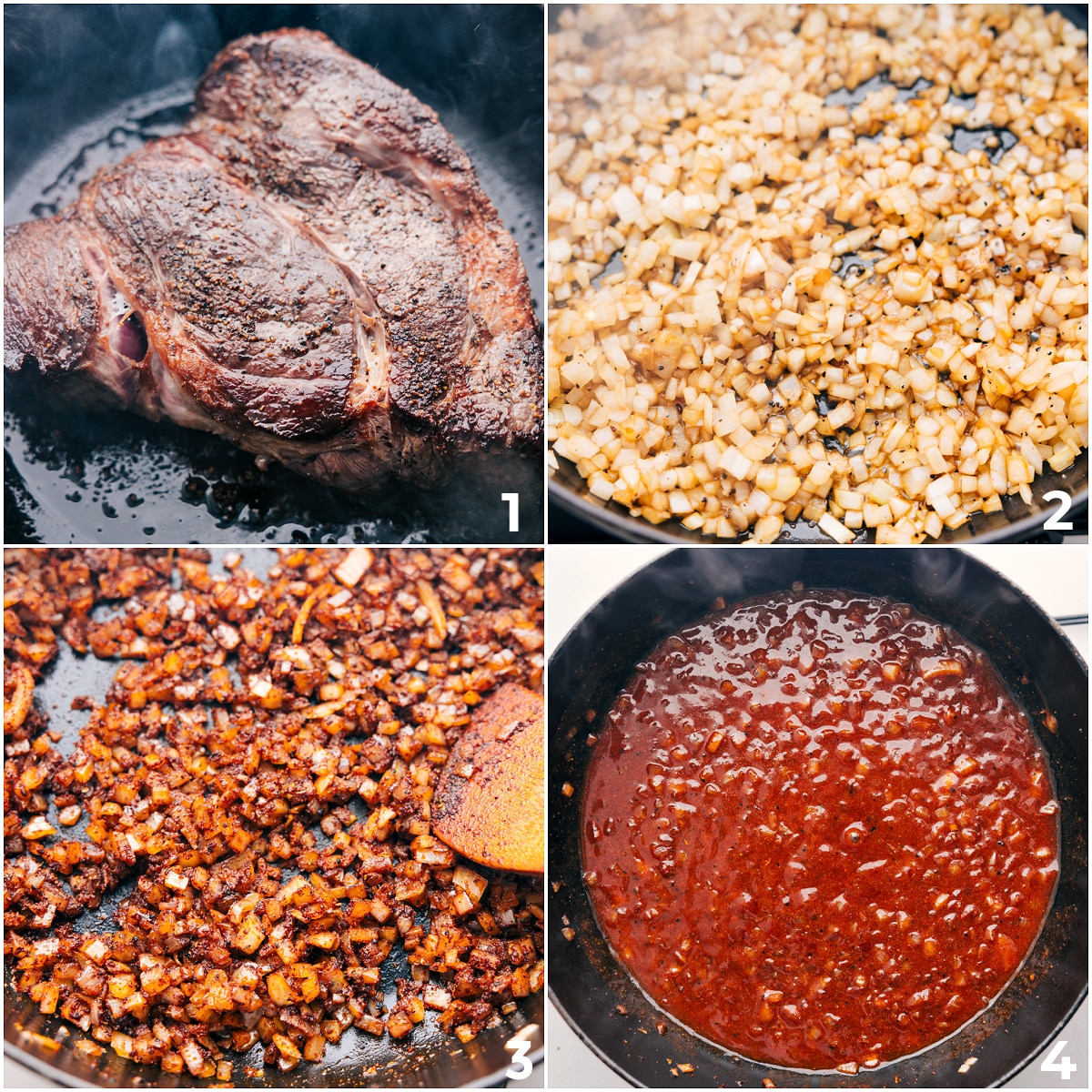 How To Make Shredded Beef Tacos The beef is seared in a pot, then the onions and seasonings are sautéed, and finally, the enchilada sauce is added for these shredded beef tacos.