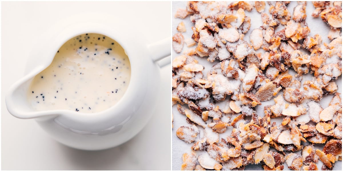 The Best Poppyseed Salad Recipe Dressing in a jar, ready to be drizzled over the strawberry poppyseed salad, with candied almonds prepped and ready to add.