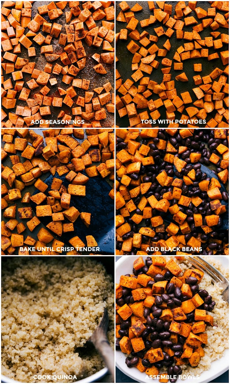 Sweet Potato Buddha Bowl Steps: Roasting Seasoned Sweet Potatoes, Adding Black Beans, and Cooking Quinoa. Seasonings sprinkled on sweet potatoes for roasting, black beans added, and quinoa cooking for the buddha bowl sweet potato recipe.