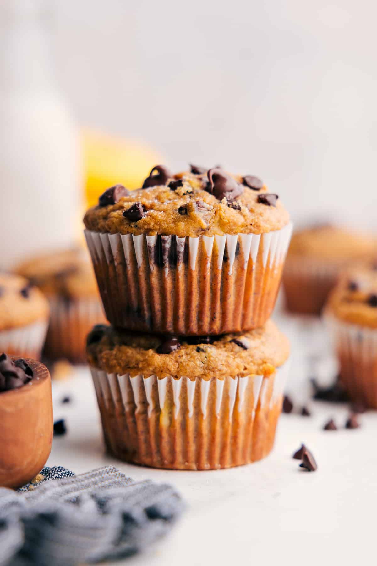 Banana Peanut Butter Muffins stacked on top of each other and ready to enjoy.