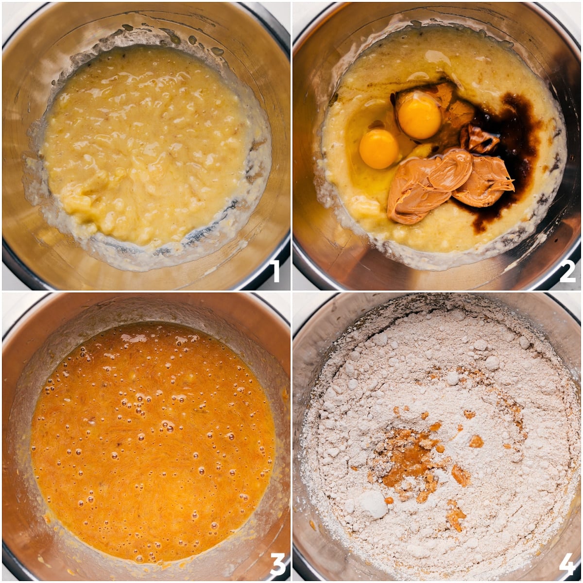How To Make Banana Peanut Butter Muffins The wet and dry ingredients being mixed together in one bowl to make the batter for these Peanut Butter Banana Muffins.