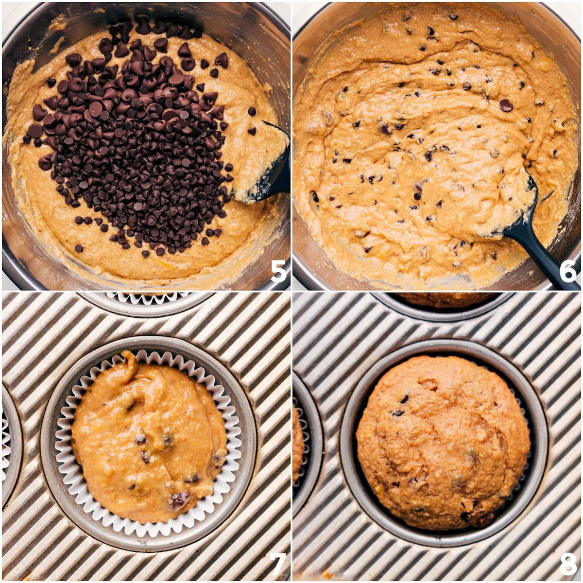 Baking Up Banana Peanut Butter Muffins Chocolate chips being folded into the batter before it is scooped into muffin tins and baked into Peanut Butter Banana Muffins.