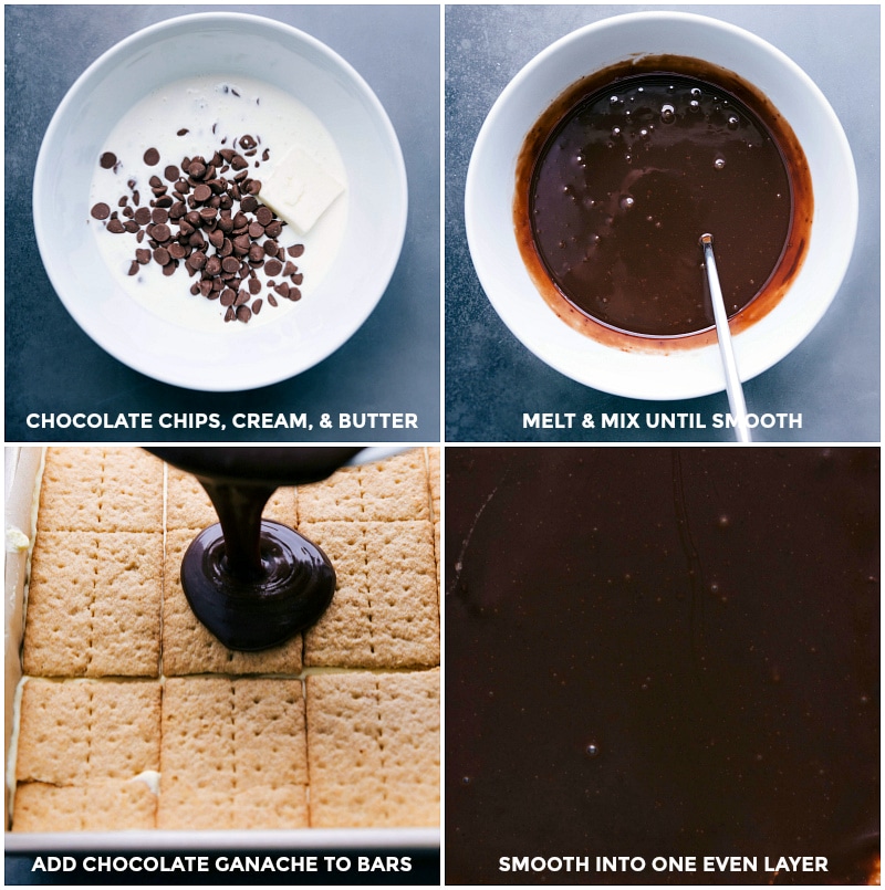 Eclair Cake tastes like an eclair, but needs only a fraction of the work to prepare it! This simple-to-make cake starts with layers of graham crackers and French vanilla cream. It's topped with a three-ingredient chocolate ganache and then chilled in the fridge until ready to eat. No baking required!ย Recipe via chelseasmessyapron #chocolate #nobake #recipe #easy #nobakechocolate #grahamcracker #nobakegrahamcrackers #easychocolate #withchocolateganache #eclair #cake Image of the chocolate ganache being made and poured over the Eclair Cake.