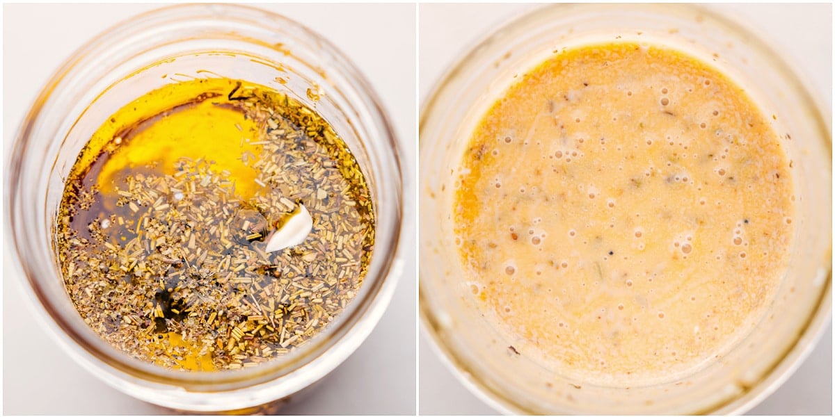 The Most Delicious Dressing For Italian Pasta Salad Recipe All the dressing ingredients combined in a mason jar for the Italian Pasta Salad recipe.