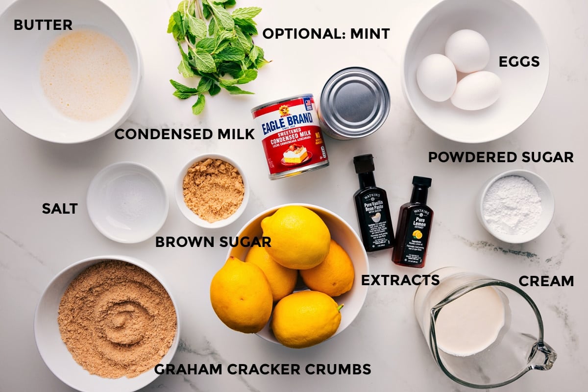 Ingredients In Lemon Pie Recipe All the ingredients in this recipe prepped out for easy assembly including the butter, salt, graham cracker crumbs, condensed milk, extracts, cream, powdered sugar, eggs, and mint.