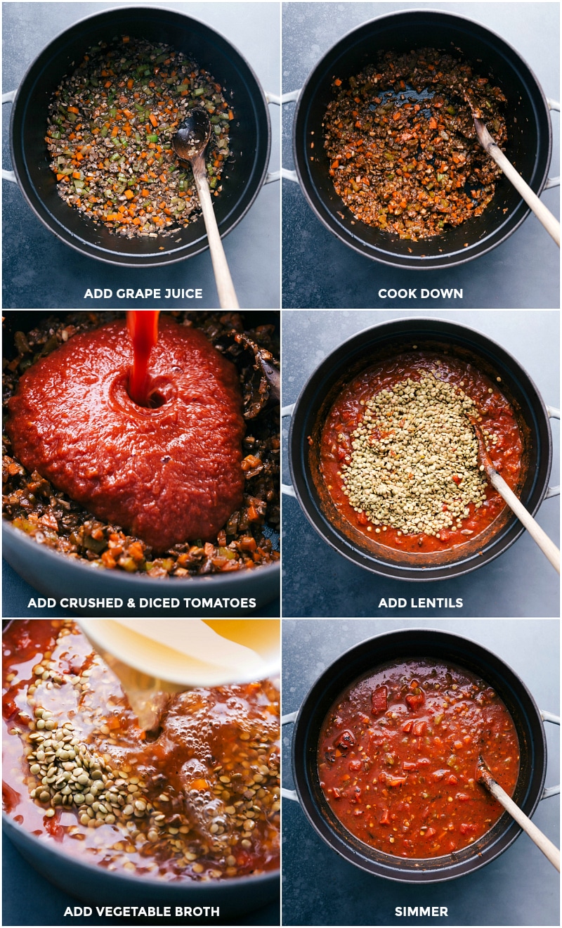 Completing Lentil Bolognese Sauce: Grape Juice Addition, Tomatoes, Lentils, and Simmering Process Finalizing the sauce by adding grape juice, reducing the liquid, incorporating tomatoes, and simmering with vegetable broth.