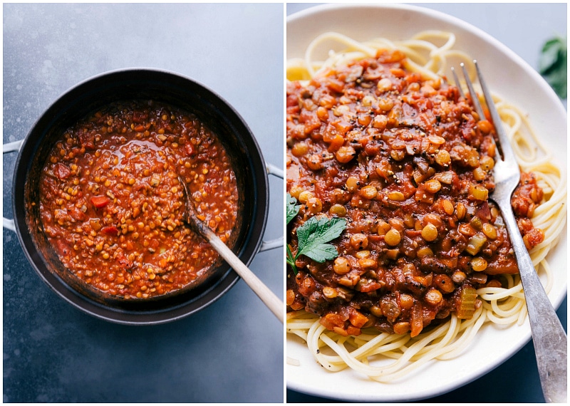 Lentil Bolognese Journey: From Simmering Sauce in Pot to Serving Over Spaghetti Finished lentil bolognese recipe simmering in the pot, and then served over a bed of spaghetti.