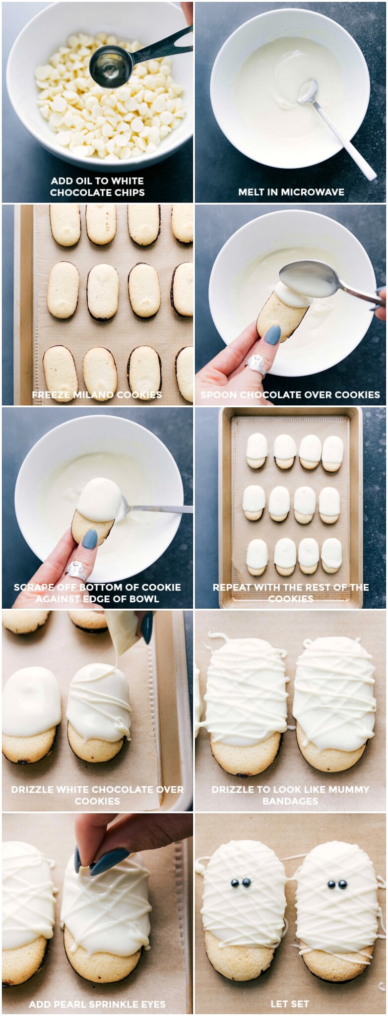 Creating Festive Cookies: From Melting Chocolate to Adding Eyes Process of melting white chocolate, freezing cookies, coating in white chocolate, adding sprinkle eyes, and piping white chocolate over everything for to create these halloween mummy cookies.