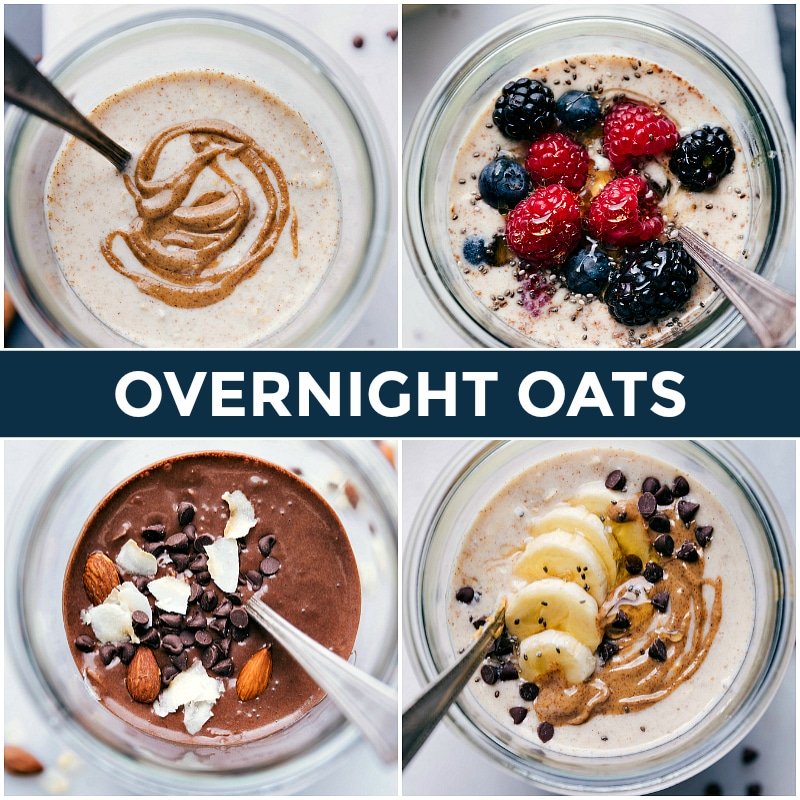 Assortment of Four Overnight Oats Recipes - Diverse Flavors and Toppings Four varieties of overnight oats recipes, each showcasing different flavors and toppings.