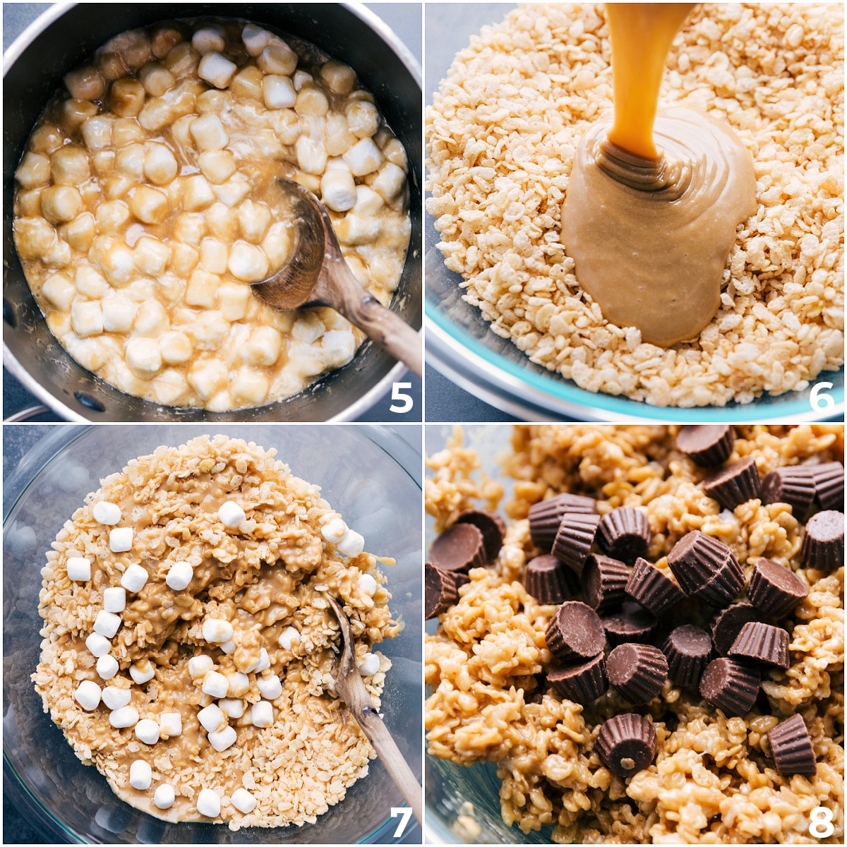 Mixing Everything Together For These Rice Krispie Treats The marshmallow and peanut butter mixture is poured over the Rice Krispies, and more marshmallows and peanut butter cups are mixed in for these peanut butter Rice Krispie treats.