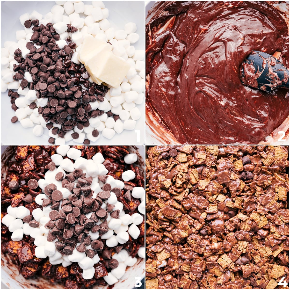 How To Make S'mores Cereal Bars Melt marshmallows, chocolate, and butter together, then mix in the cereal, extra chocolate chips, and marshmallows. Spread the mixture into a pan to create these s'mores cereal bars.