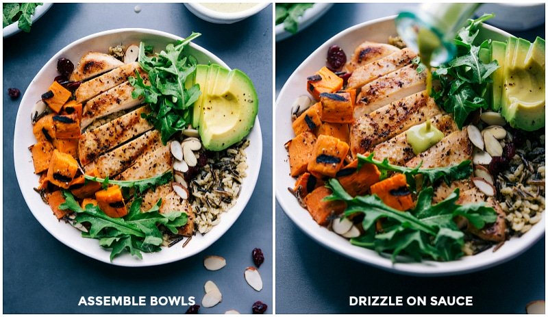 Assembling Chicken and Wild Rice Bowls with Cilantro-Lime Sauce and Toppings Assembling chicken and wild rice bowls, drizzling cilantro-lime sauce on top, and adding the chosen toppings.